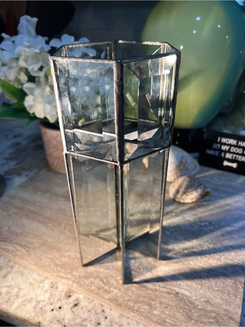 Beveled Glass Geometric Tealight Holder - 9” tall